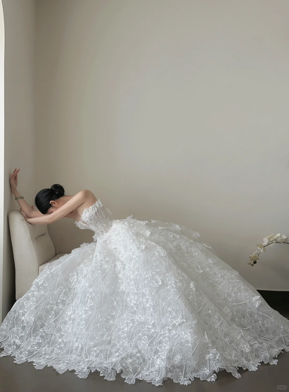 Gorgeous A Line Strapless White Lace Long Prom Dress, Wedding Dress, Evening Dress GG2845