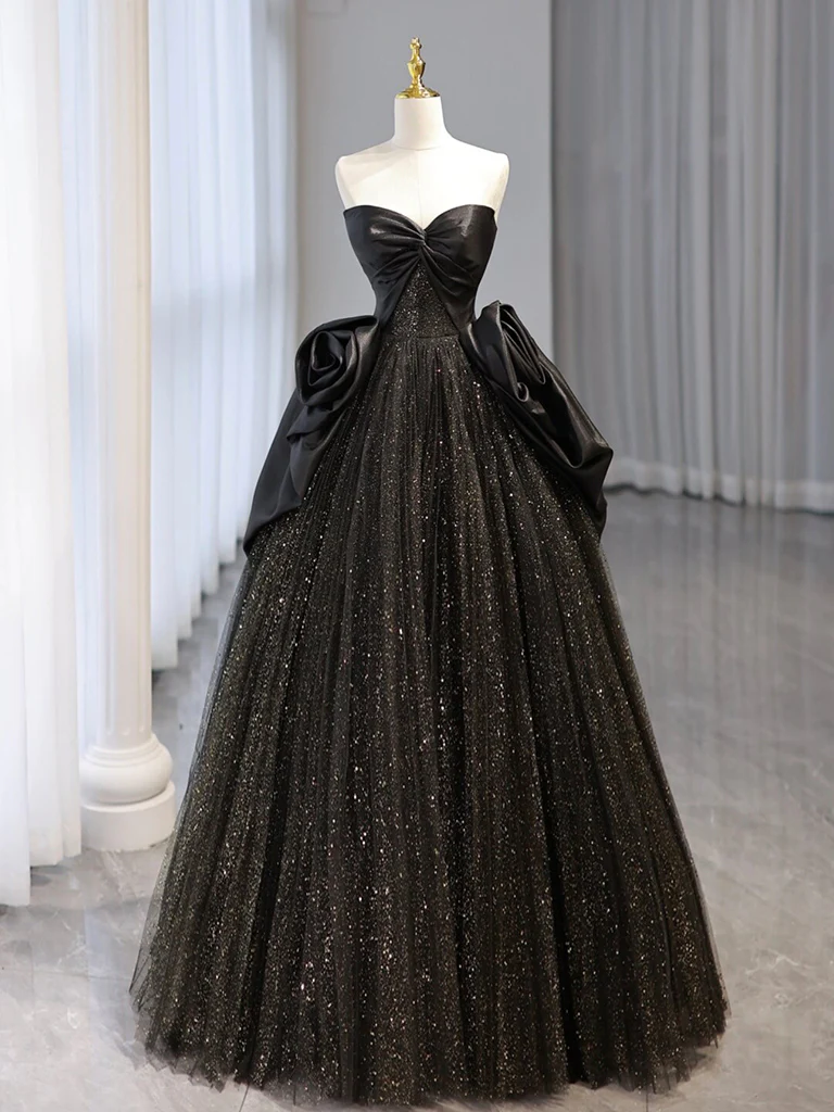 Chic A Line Black Sweetheart Neck Satin Tulle Sequin Long Prom Dress, Evening Dress GG285