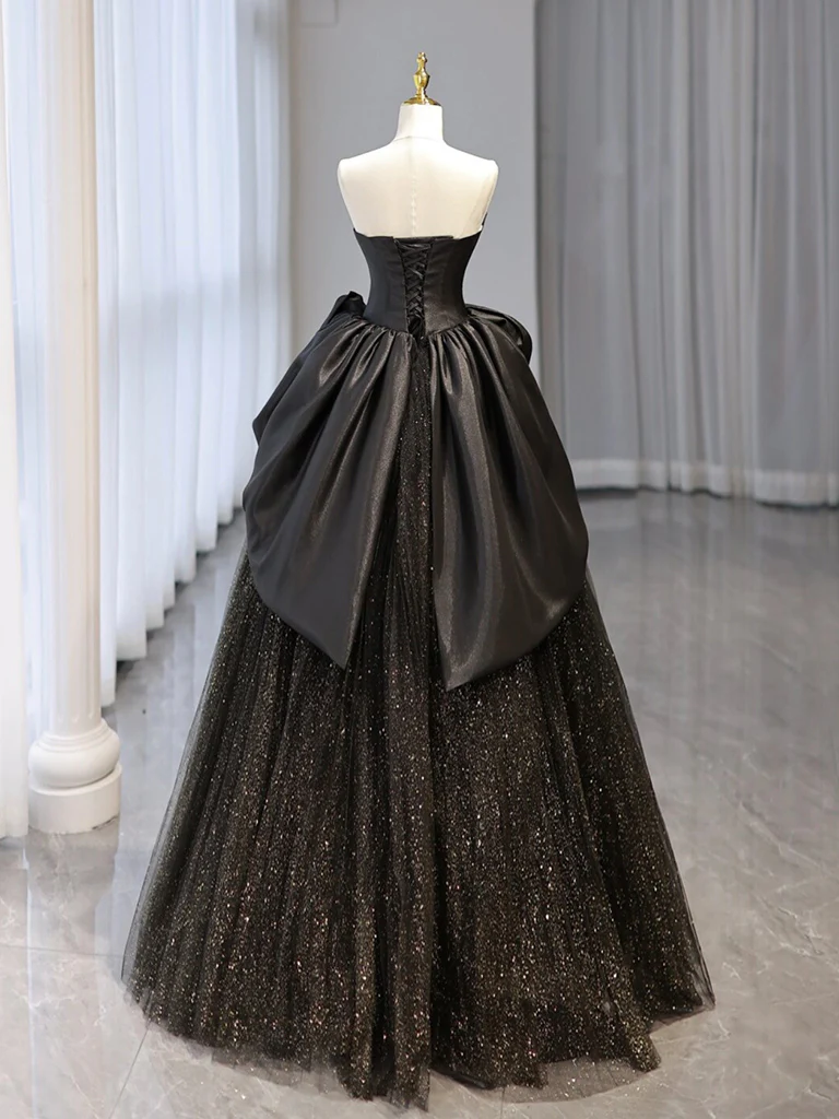 Chic A Line Black Sweetheart Neck Satin Tulle Sequin Long Prom Dress, Evening Dress GG285
