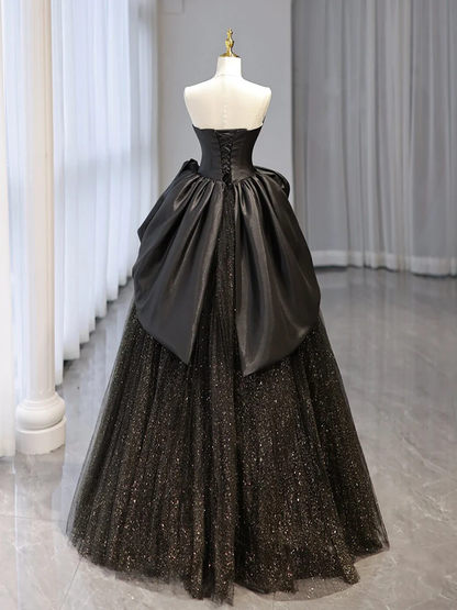 Chic A Line Black Sweetheart Neck Satin Tulle Sequin Long Prom Dress, Evening Dress GG285