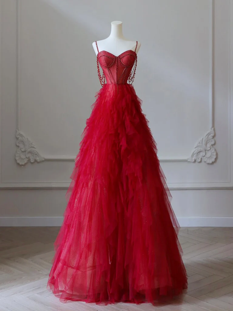 Chic A Line Burgundy Sweetheart Neck Tulle Beads Burgundy Long Prom Dress, Evening Dress GG286