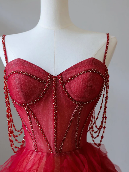 Chic A Line Burgundy Sweetheart Neck Tulle Beads Burgundy Long Prom Dress, Evening Dress GG286