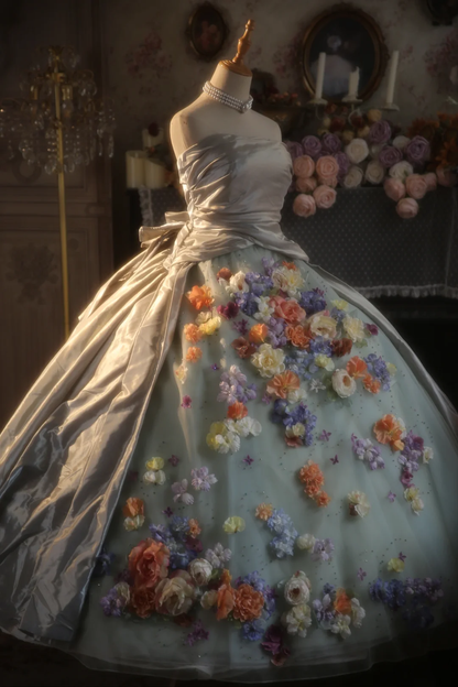 Vintage Ball Gown Strapless Satin Tulle Applique Long Prom Dress, Party Dress, Evening Dress GG2873
