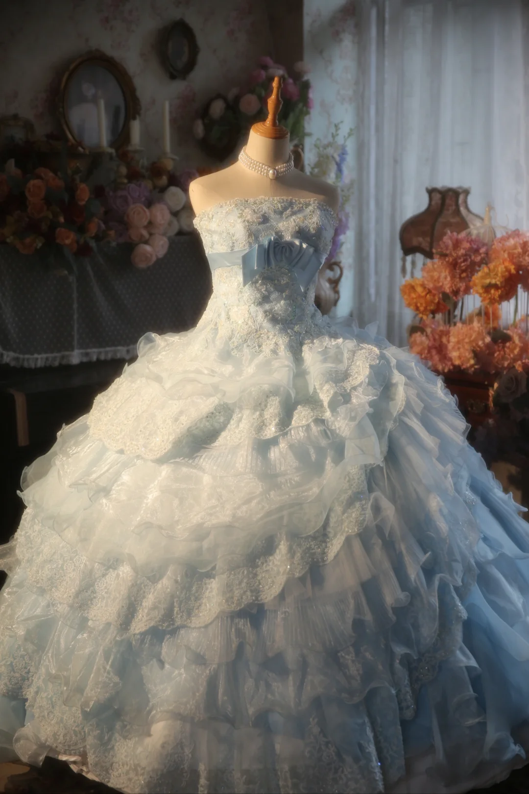Gorgeous Ball Gown Strapless Pale Blue Chiffon Lace Applique Long Prom Dress, Party Dress, Evening Dress GG2876