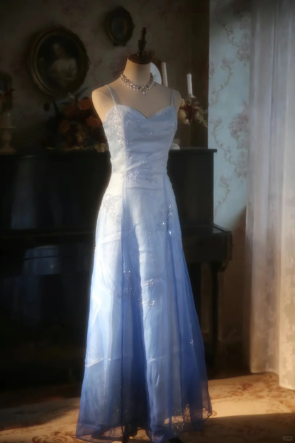 Classy A Line Spaghetti Straps Satin Tulle Beaded Long Prom Dress, Party Dress, Evening Dress GG2881