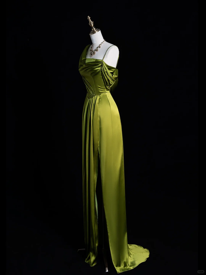 Classy A Line Off The Shoulder Green Satin Pleated Slit Long Prom Dress, Party Dress, Evening Dress GG2884