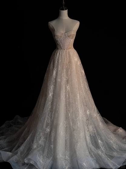 Stunning A Line Strapless Tulle Lace Long Prom Dress, Party Dress, Evening Dress GG2897