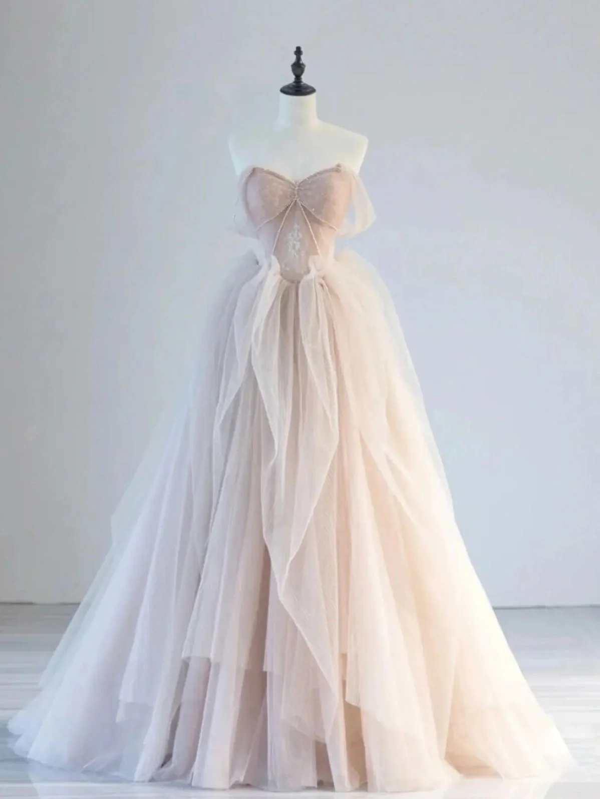 Elegant A Line Champagne Pink Off The Shoulder Tulle Lace Beading Long Prom Dress, Evening Dress GG290