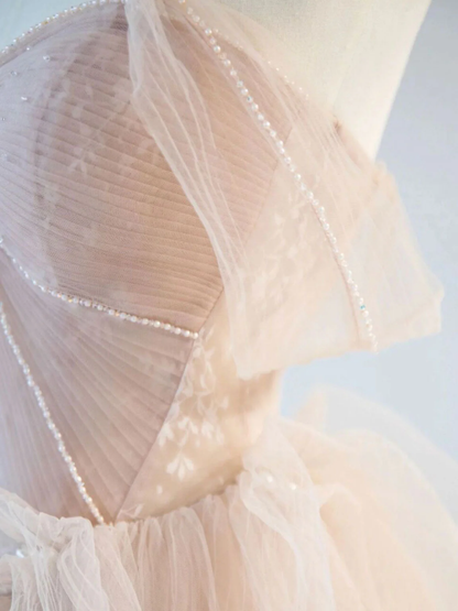 Elegant A Line Champagne Pink Off The Shoulder Tulle Lace Beading Long Prom Dress, Evening Dress GG290