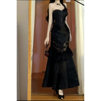 Gorgeous Mermaid Strapless Black Satin Lace Long Prom Dress, Party Dress, Evening Dress GG2919