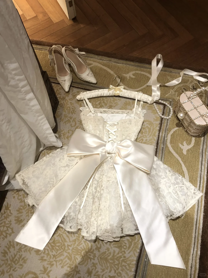Lovely A Line Spaghetti Straps White Lace With Bow Short Prom Dress,Homecoming Dress,Birthday Dress GG2929