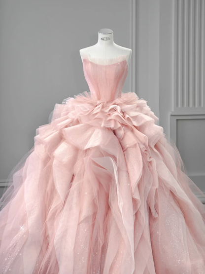 Fairy Ball Gown Strapless Soft Pink Satin Tulle Long Prom Dress, Wedding Dress, Evening Dress GG2932