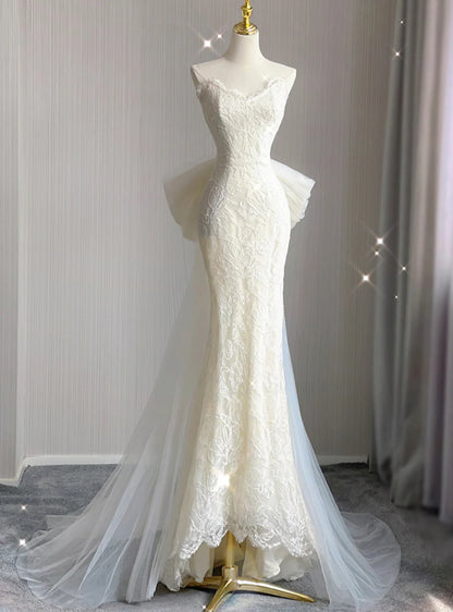 Princess Mermaid Strapless Ivory Tulle Lace Wedding Dress GG2938