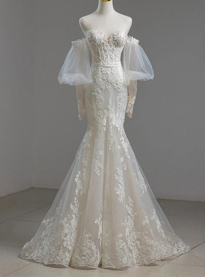 Timeless Mermaid  Sweetheart Tulle Applqiue Long Sleeves Long Wedding Dress GG2941