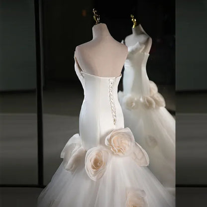 Simple Mermaid Strapless White Satin Tulle Applique Long Wedding Dress GG2943