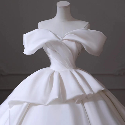 Dreamy Ball Gown Off The Shoulder White Satin Long Wedding Dress GG2947