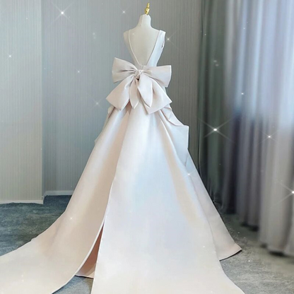 Classy A Line V Neck Satin Back With Bow Long Wedding Dress GG2951