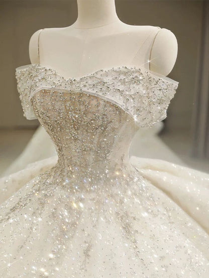 Dreamy Ball Gown Off The Shoulder Tulle Beaded Long Wedding Dress GG2958