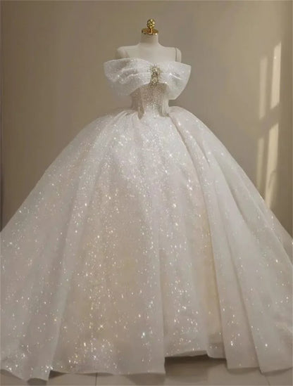 Vintage Ball Gown Off The Shoulder Tulle Sequin Beaded Long Wedding Dress GG2959