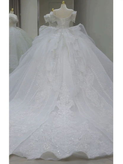 Timeless Ball Gown Off The Shoulder White Tulle Sequin Beaded Long Wedding Dress GG2960