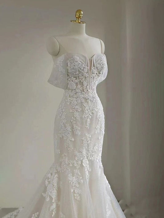 Classy Mermaid Off The Shoulder White Tulle Applique Long Wedding Dress GG2967