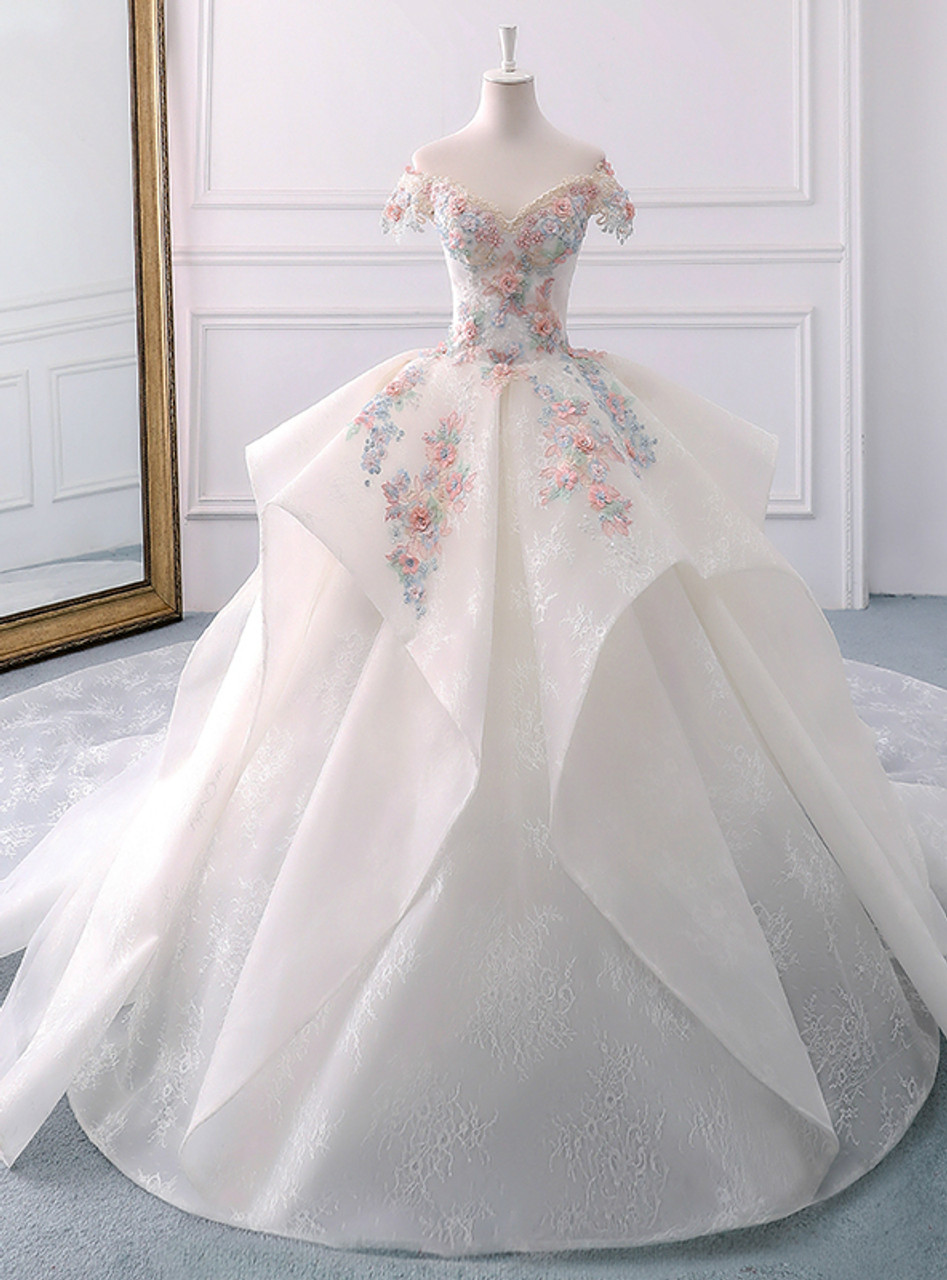 Dreamy Ball Gown Off The Shoulder Lace Applique Long Wedding Dress GG2973