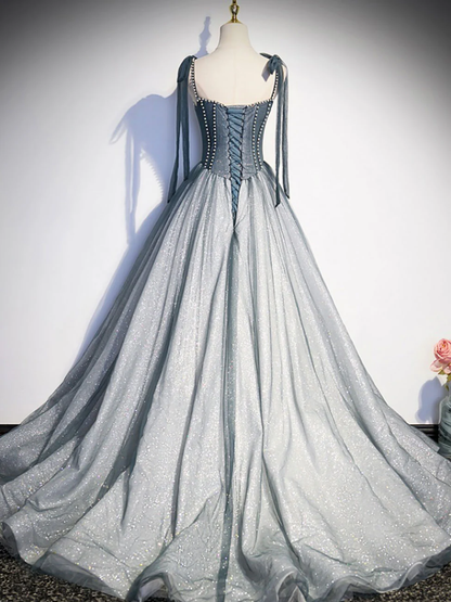 Delicate A Line Spaghetti Straps Bow Shoulder Beading Tulle Long Prom Dress,Evening Dress GG299