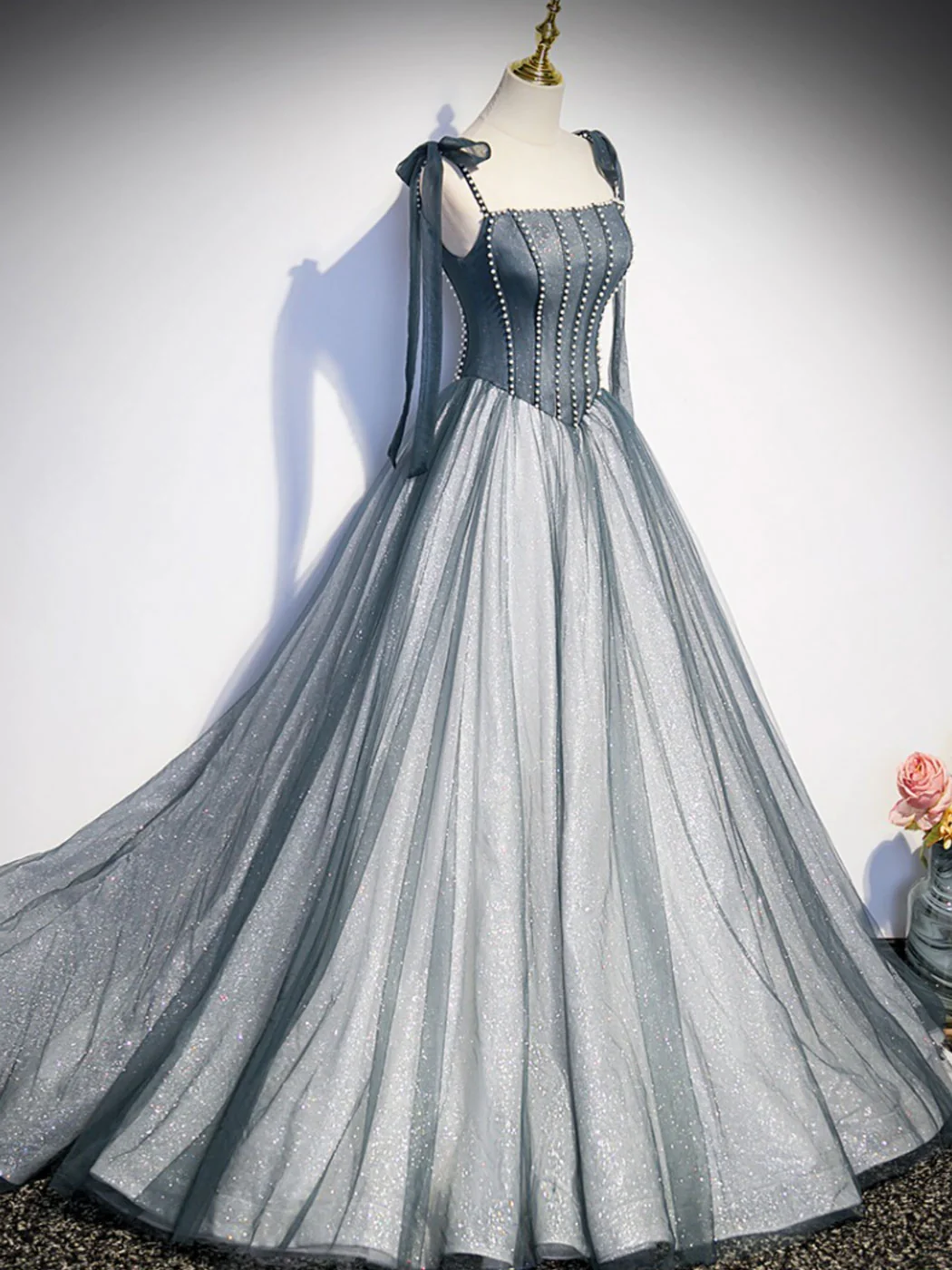 Delicate A Line Spaghetti Straps Bow Shoulder Beading Tulle Long Prom Dress,Evening Dress GG299