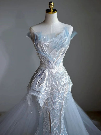 Dreamy Mermaid Off The Shoulder Tulle Sequin Beaded Long Sleeves Long Wedding Dress GG3006