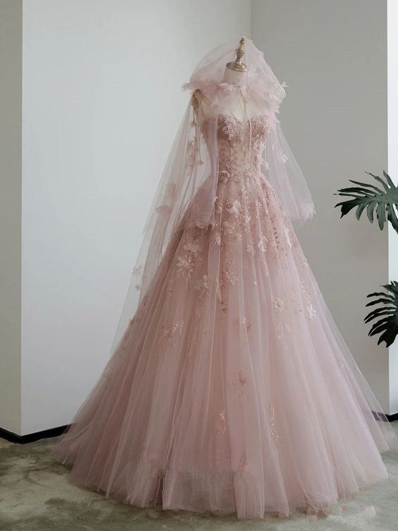 Princess  A Line Spaghetti Straps Tulle Applique Long Wedding Dress GG3008