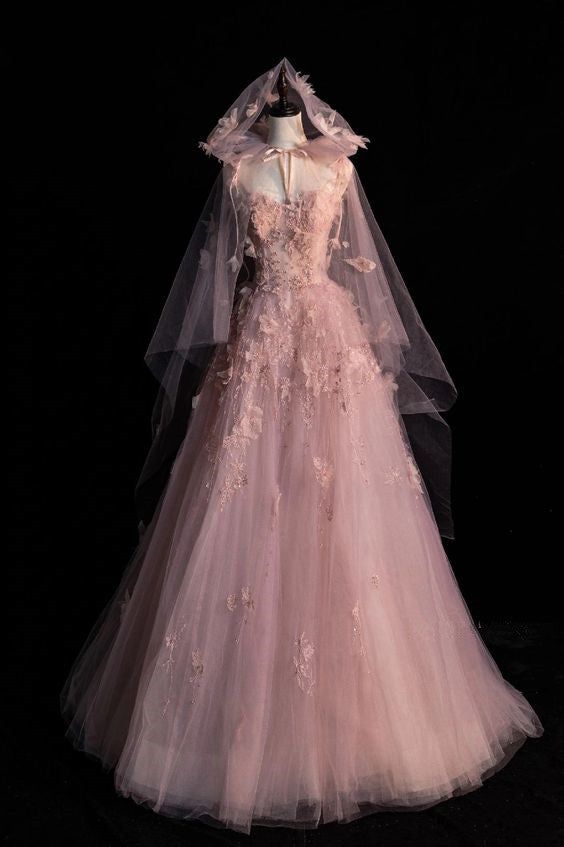 Princess  A Line Spaghetti Straps Tulle Applique Long Wedding Dress GG3008