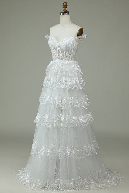 Dreamy A Line Off The Shoulder White Tulle Lace Tiered Long Wedding Dress GG3010
