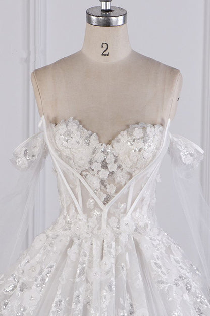 Timeless A Line Off The Shoulder White Tulle Applique Long Sleeves Long Wedding Dress GG3011