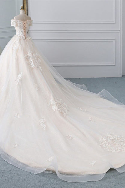 Classy Elegant A Line Off The Shoulder Light Champagne Tulle Applique With Train Short Sleeves Long Wedding Dress GG3012