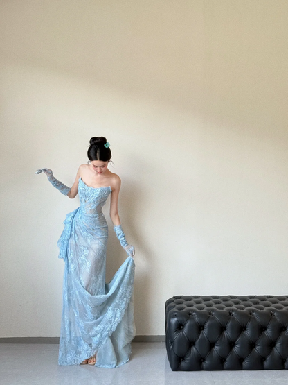 Vintage Mermaid Strapless Pale Blue Lace Long Prom Dress, Party Dress, Evening Dress GG3036