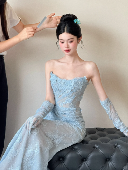 Vintage Mermaid Strapless Pale Blue Lace Long Prom Dress, Party Dress, Evening Dress GG3036