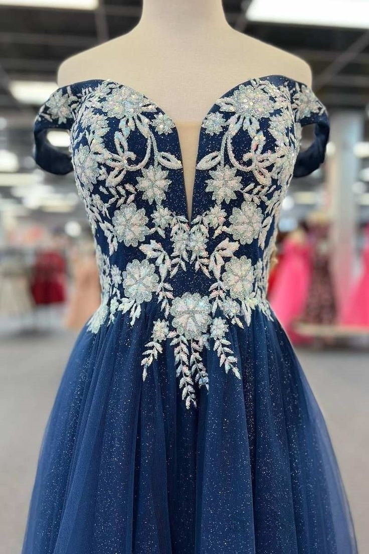 Classy A Line Off The Shoulder Navy Blue Tulle Sequin Long Mother Of Bride Dress,Evening Dress GG3047