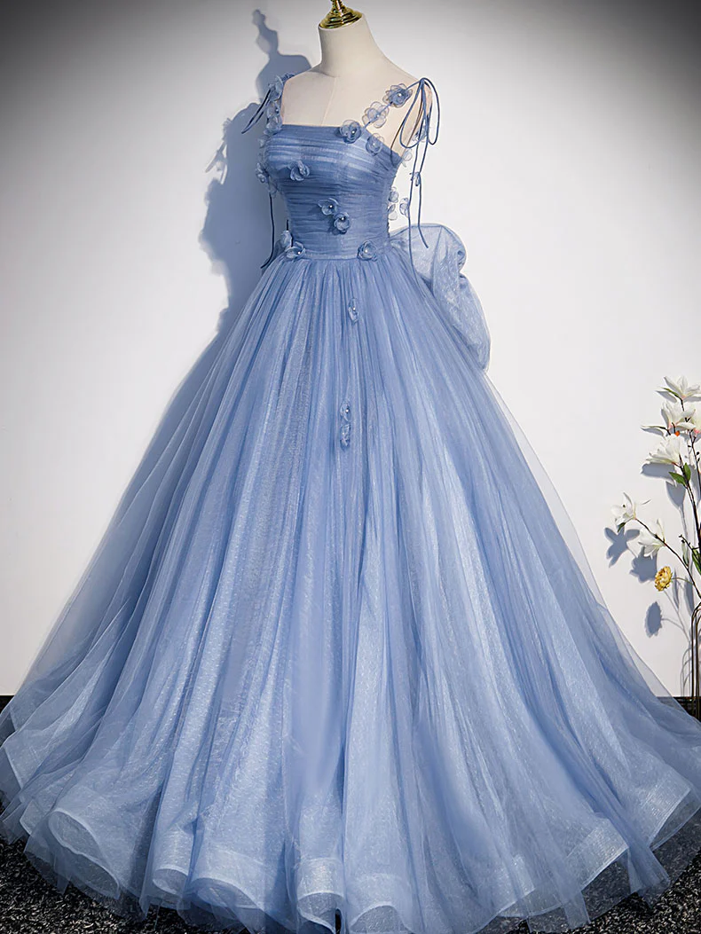 Delicate A Line Spaghetti Straps Blue 3D Floral Beaded Back Bow Tulle Long Prom Dress,Evening Dress GG305