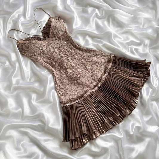 Pretty A Line Spaghetti Straps Brown Satin Lace Short Prom Dress,Homecoming Dress,Birthday Dress GG3069