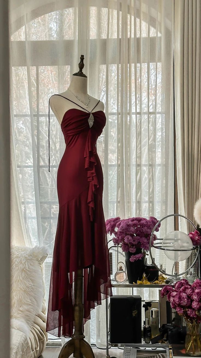 Vintage Burgundy Mermaid Strapless Chiffon Long Prom Dress, Party Dress, Evening Dress GG3070