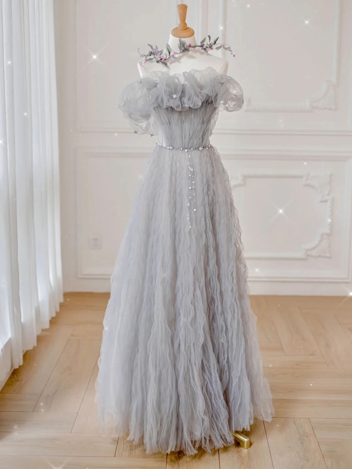 Delicate A Line Off The Shoulder Gray Tulle Floral Belt Long Prom Dress,Evening Dress GG307