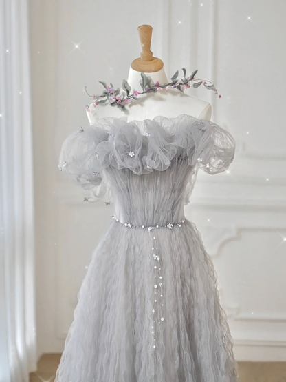 Delicate A Line Off The Shoulder Gray Tulle Floral Belt Long Prom Dress,Evening Dress GG307