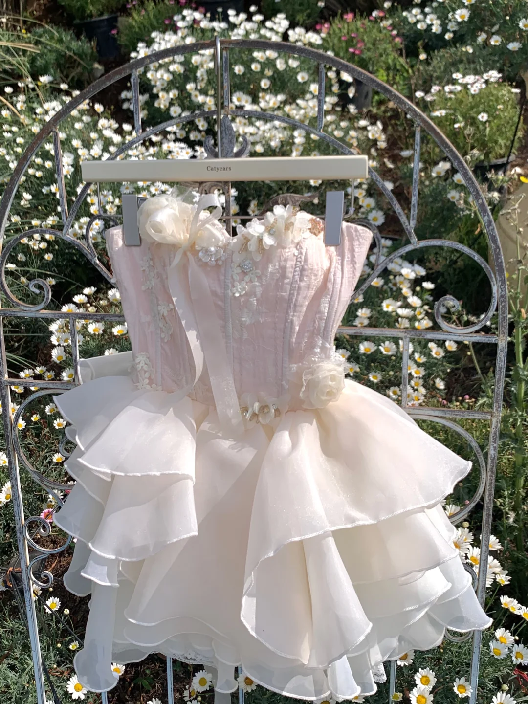 Pretty A Line Strapless Pink Satin Chiffon Applique Short Prom Dress,Homecoming Dress,Birthday Dress GG3093
