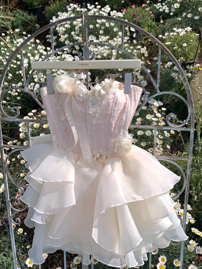 Pretty A Line Strapless Pink Satin Chiffon Applique Short Prom Dress,Homecoming Dress,Birthday Dress GG3093
