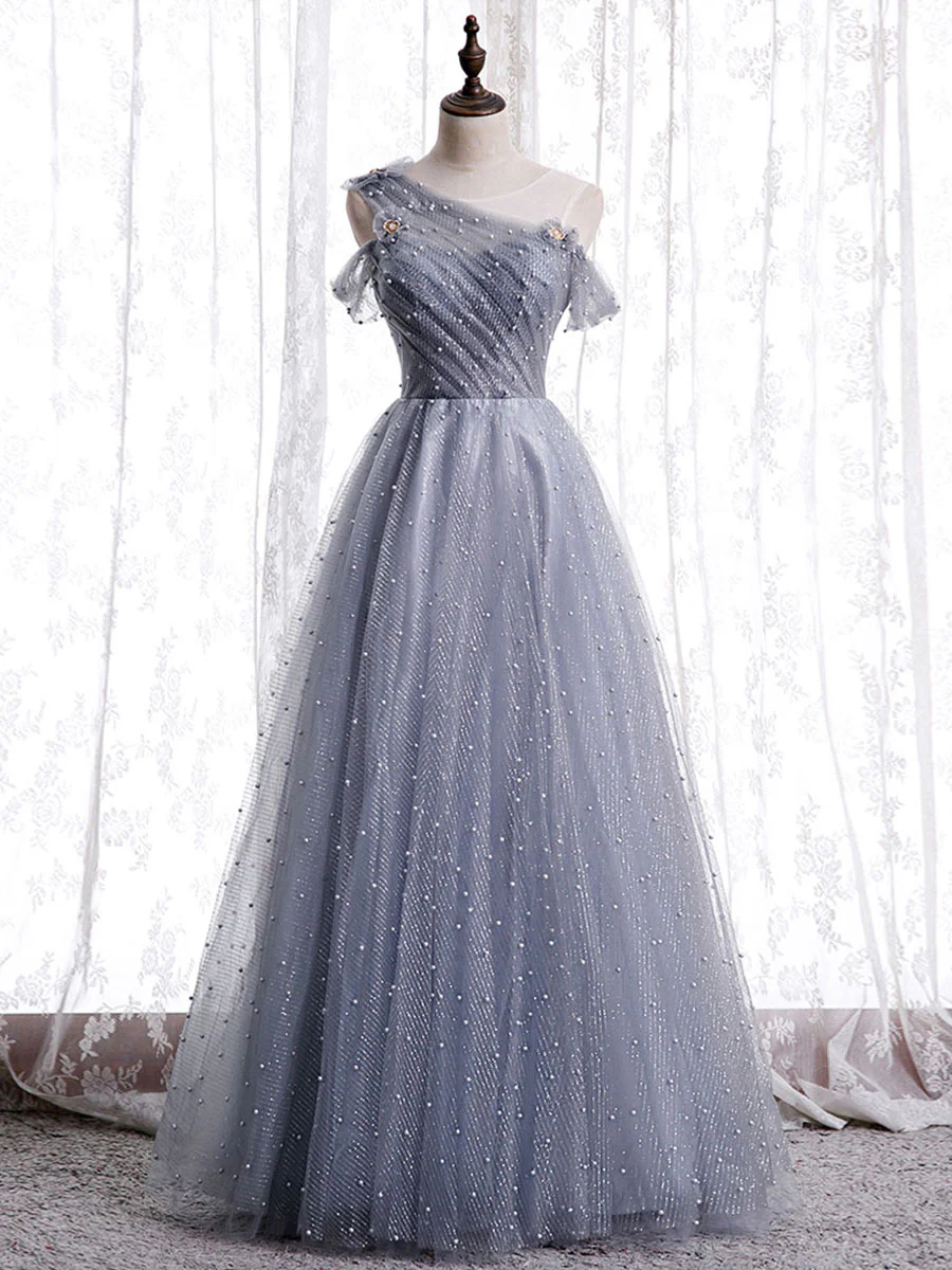 Delicate A Line One Shoulder Gray Tulle Beaded Long Prom Dress,Evening Dress GG310