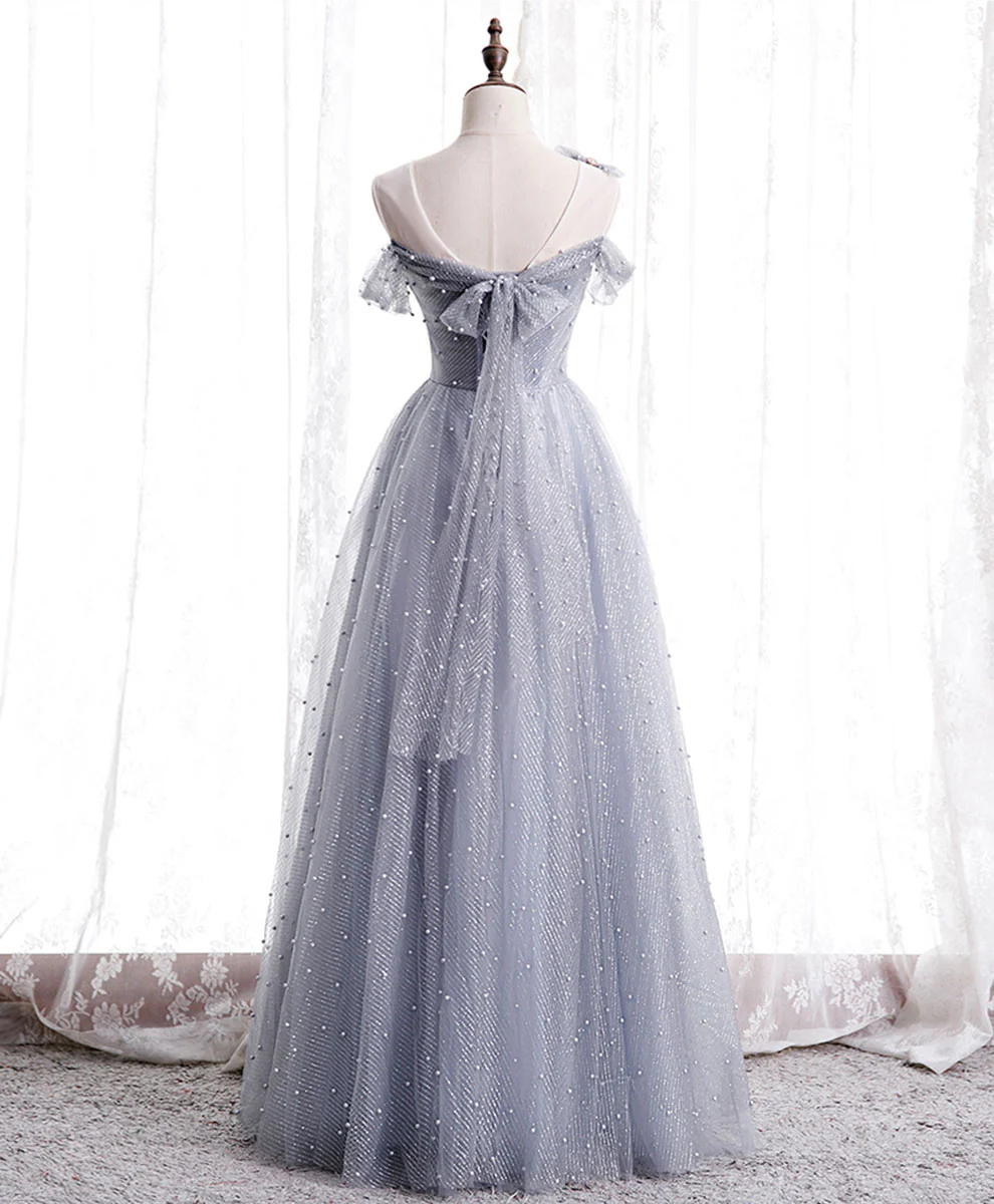Delicate A Line One Shoulder Gray Tulle Beaded Long Prom Dress,Evening Dress GG310