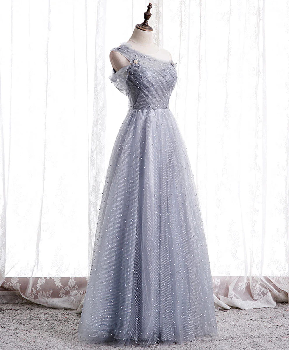 Delicate A Line One Shoulder Gray Tulle Beaded Long Prom Dress,Evening Dress GG310