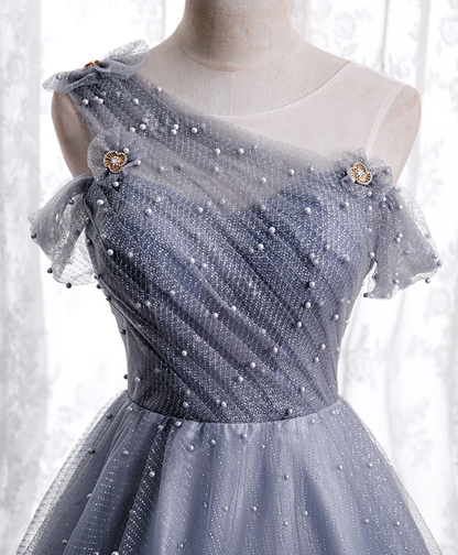 Delicate A Line One Shoulder Gray Tulle Beaded Long Prom Dress,Evening Dress GG310