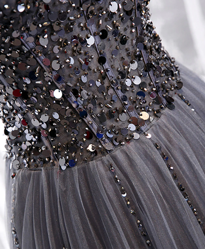 Delicate A Line Spaghetti Straps Sweetheart Gray Tulle Sequin Long Prom Dress,Evening Dress GG311