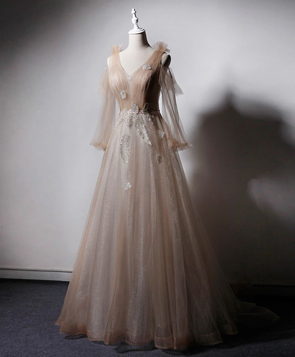 Delicate A Line V Neck Tulle Long Sleeves Applique Long Prom Dress,Evening Dress GG312